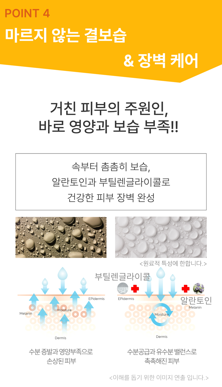 마르지 않는 결보습, 장벽케어 를 위한 보습 비타민C앰플. 부틸렌글라이콜과 알란토인 함유로 유수분 밸런스를 맞춰줍니다
